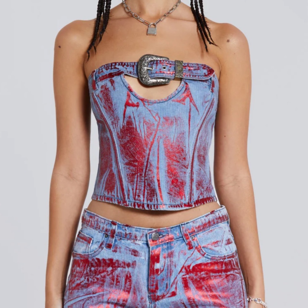 Jaded London Red & Light Blue Denim Buckle Corset Top